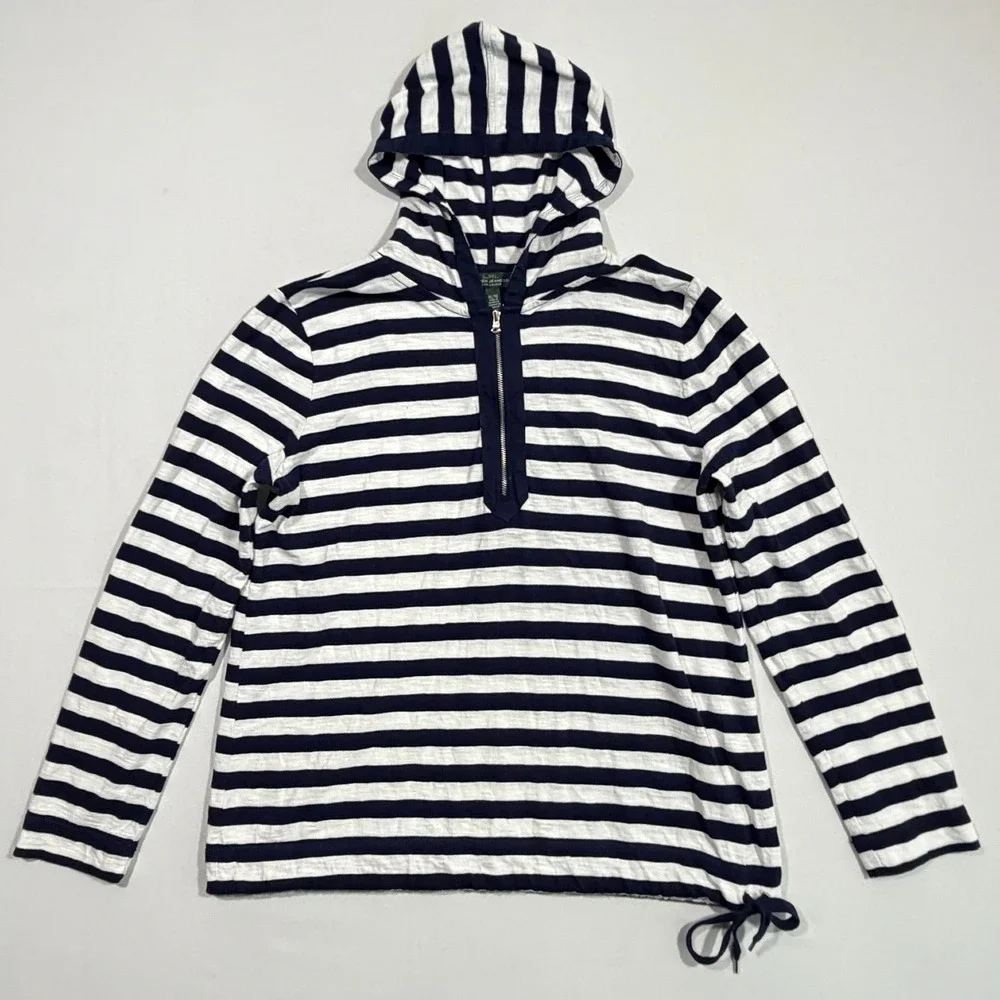 Ralph Lauren Hoodie XL Womens Navy Stripe 100% Cotton 1/4 Zip Coastal Preppy